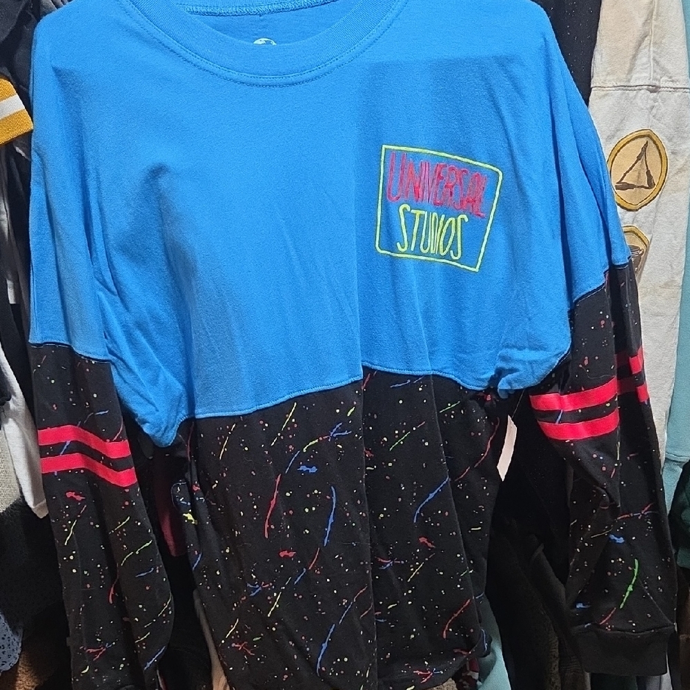 Universal Studios Retro Blue and Black Paint-Splatter Spirit Jersey Look Alike